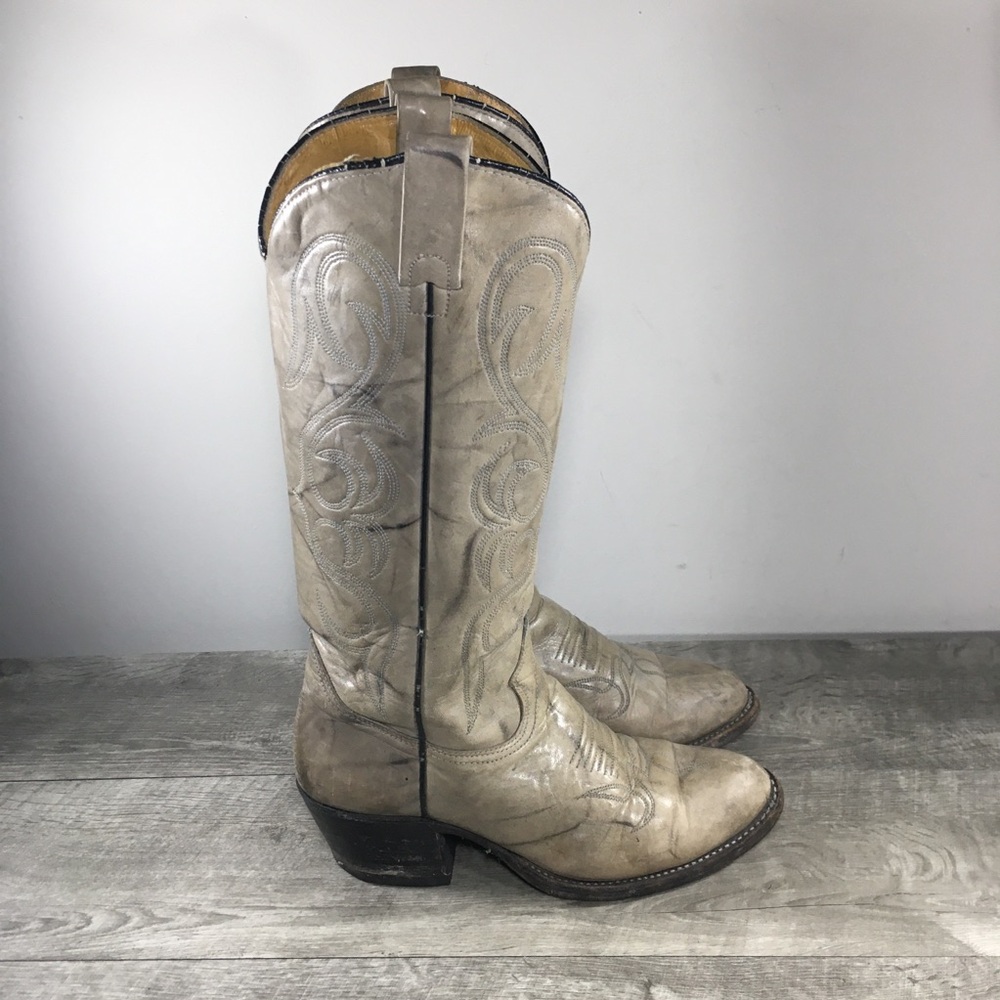 Vintage Texas Mens Gray Marbled Leather Cowboy Western Stacked Heel Boots Size 8